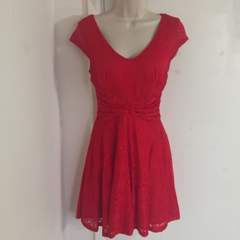 red lace fit n flare dress